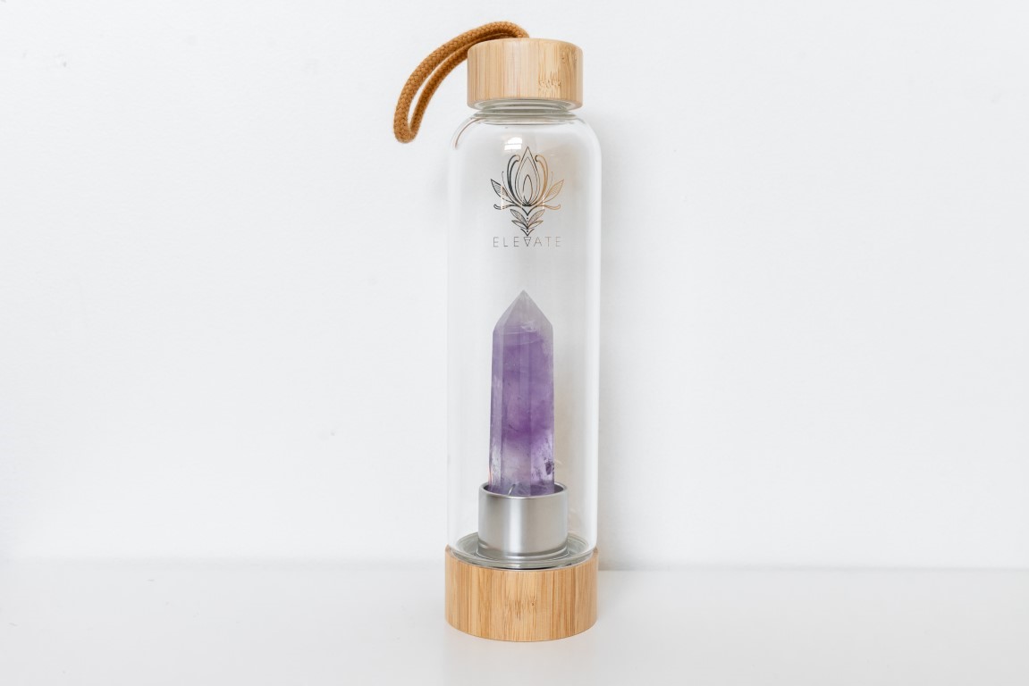 Rose Gold Water Bottle with ROSE QUARTZ Crystal | ELEVATE Gem Elixir