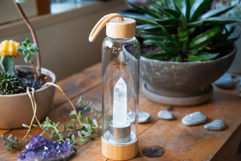 Rose Gold Water Bottle with ROSE QUARTZ Crystal | ELEVATE Gem Elixir