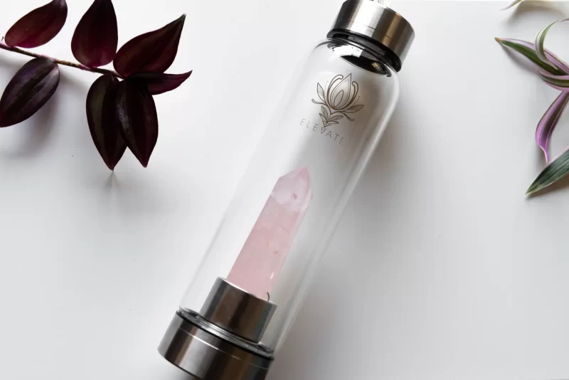 Rose Gold Water Bottle with ROSE QUARTZ Crystal | ELEVATE Gem Elixir