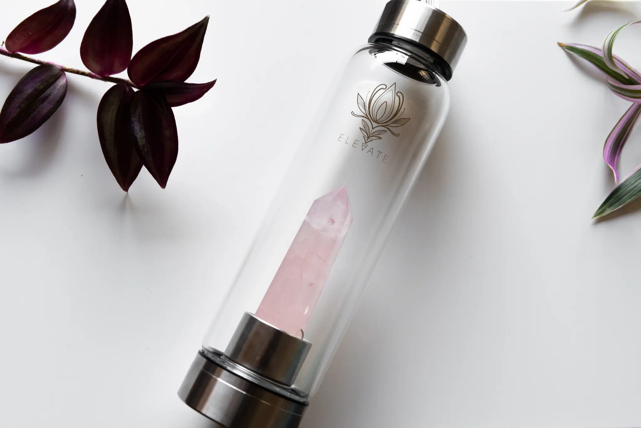 Rose Gold Water Bottle with ROSE QUARTZ Crystal | ELEVATE Gem Elixir