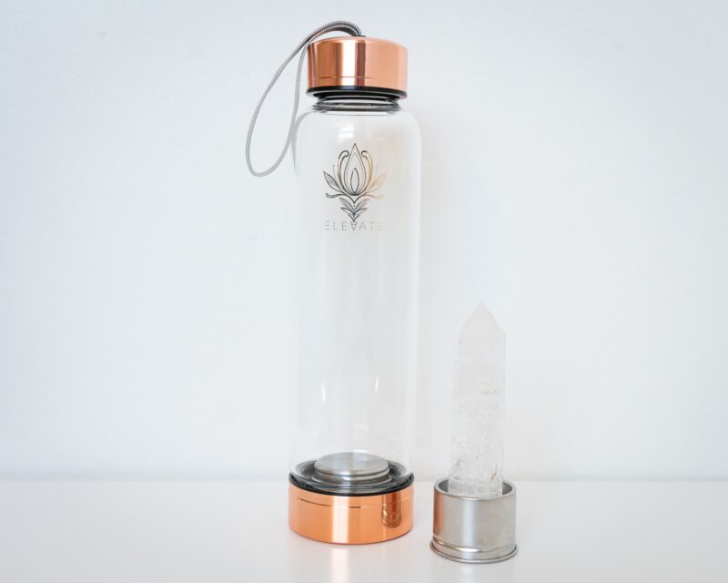 Rose Gold Water Bottle with ROSE QUARTZ Crystal | ELEVATE Gem Elixir