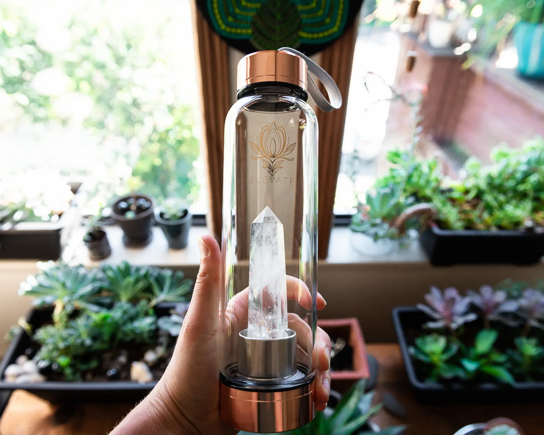 Rose Gold Water Bottle with ROSE QUARTZ Crystal | ELEVATE Gem Elixir