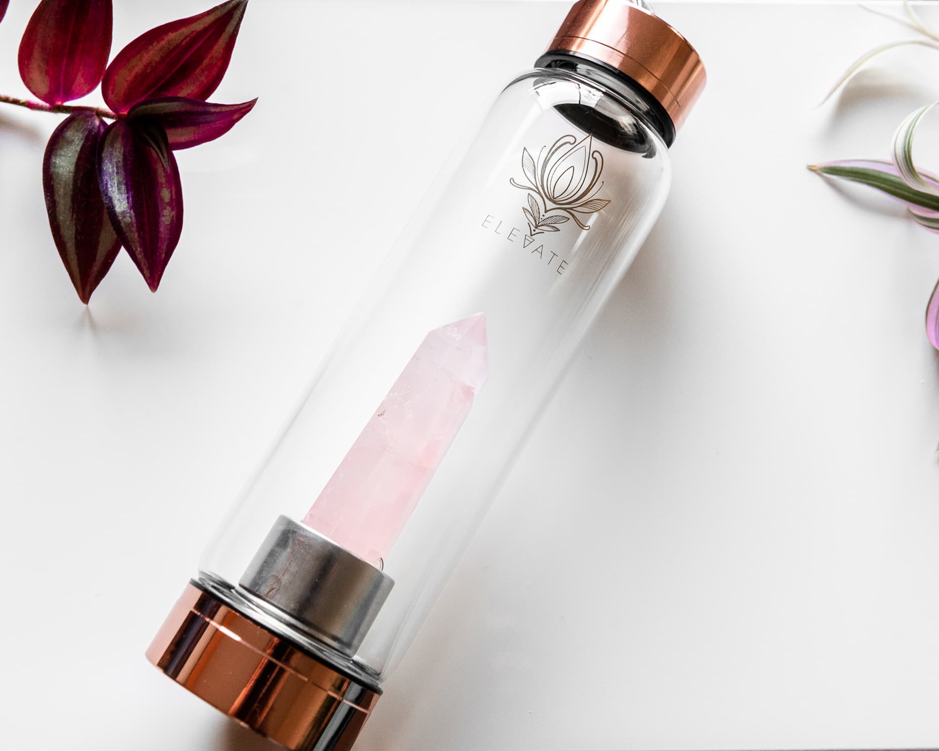 Rose Gold Water Bottle with ROSE QUARTZ Crystal | ELEVATE Gem Elixir