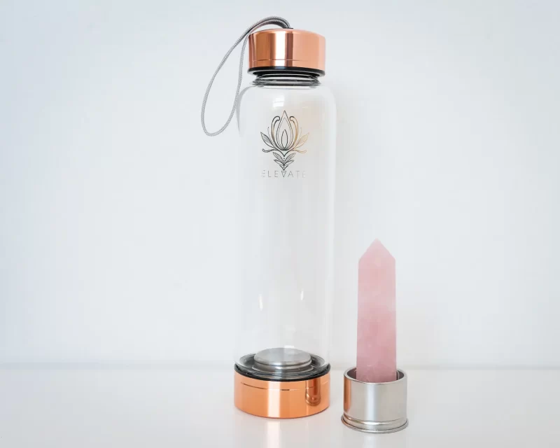 Rose Gold Water Bottle with ROSE QUARTZ Crystal | ELEVATE Gem Elixir