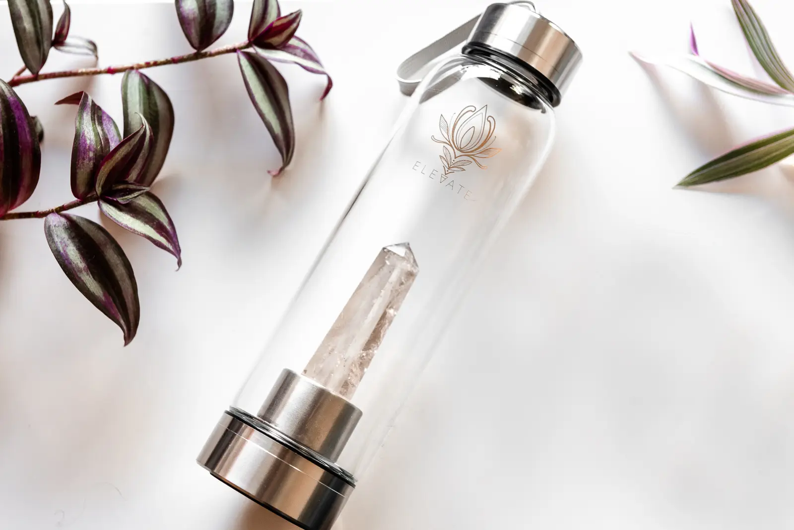 Rose Gold Water Bottle with ROSE QUARTZ Crystal | ELEVATE Gem Elixir