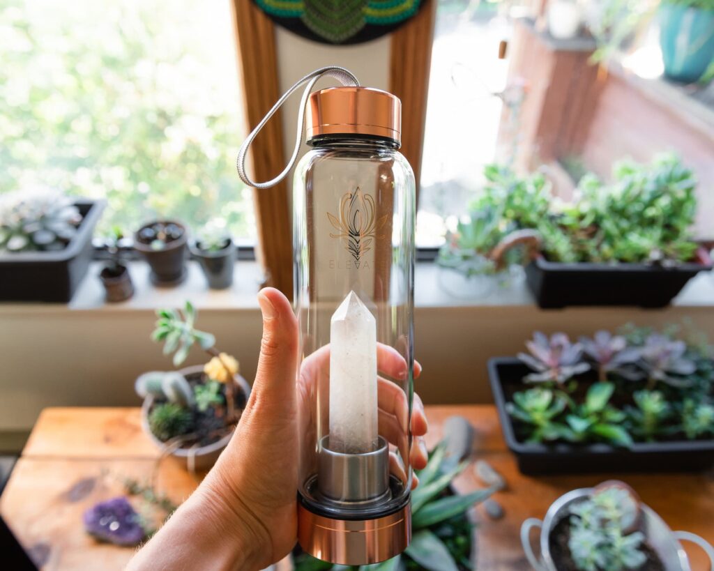 Rose Gold Water Bottle with ROSE QUARTZ Crystal | ELEVATE Gem Elixir